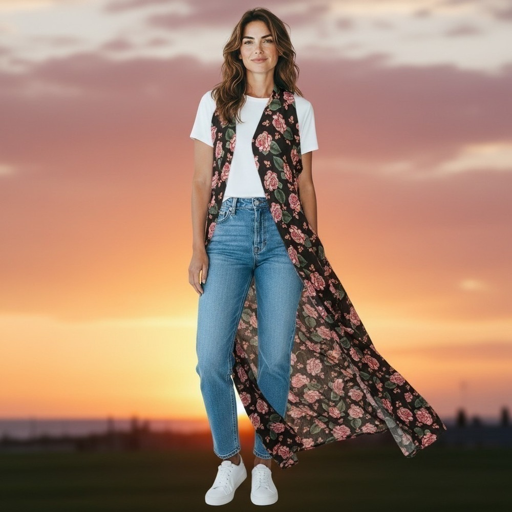 LuLaRoe Women's Joy Duster Vest Black Roses Satin Longline Floral Summer Size L